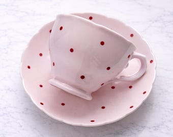 Vintage Tuscan Pink Polka Dot Teacup and Saucer 1970s