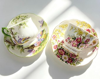 Set of 2 Vintage Early Royal Albert Garden Floral Landscape Teacups Saucers