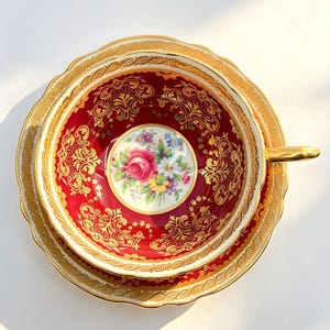 Vintage Paragon Burgundy and Gold Rose Teacup and Saucer