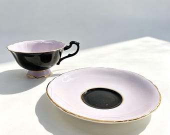 Vintage Paragon Double Warrant Black and Lavender Teacup and Saucer
