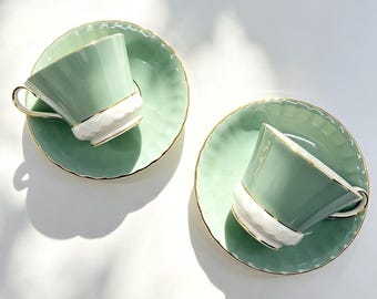 Set of 2 Vintage Aynsley Mint Green Teacup and Saucer