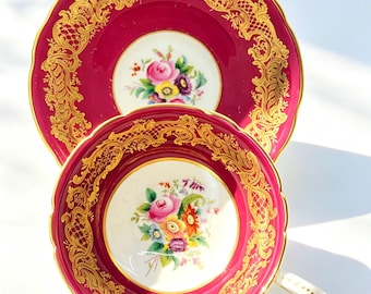 Vintage Coalport Crimson and Gold Teacup and Saucer, Floral Centre