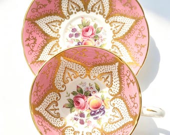 Vintage Paragon Pink Fruit Motif Heavy Gold Gilt Teacup and Saucer