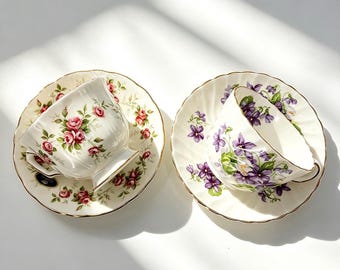 Vintage Aynsley Teacup Saucer Set: Pink Roses, Purple Florals, Gold Trim