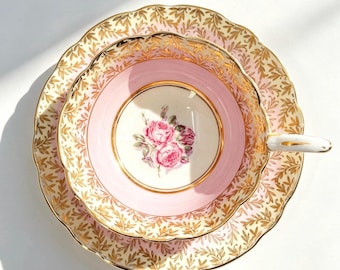 Vintage Royal Standard Pink and Gold Teacup and Saucer, Rose Centre