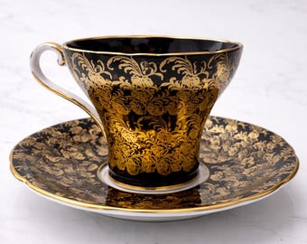 Vintage Aynsley Corset Teacup Saucer Black and Heavy Gold Trim