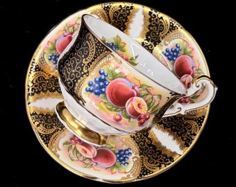 Vintage Paragon Orchard Fruit Teacup and Saucer, Heavy Gilt Black Gold Tea Cup, England