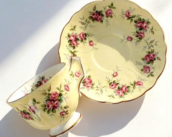 Vintage Aynsley Bone China Teacup Saucer Yellow Ground Rose Garland