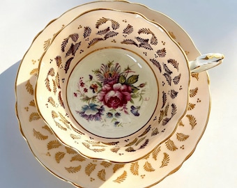 Vintage Paragon Peach Gold Teacup and Saucer, Floral Center