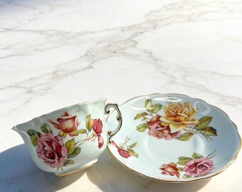 Vintage Hammersley Teacup and Saucer Roses, Gold Trim