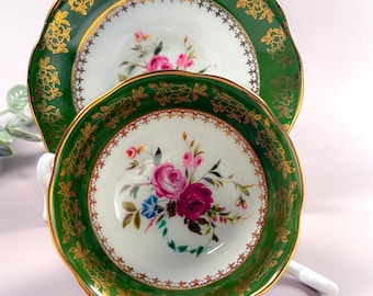 Vintage Rosina Teacup Saucer: Green, Gold Gilt Floral Bouquet, Bone China England