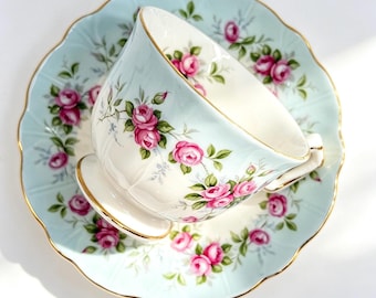Vintage Aynsley Blue Pink Rose sprays Bone China Teacup and Saucer