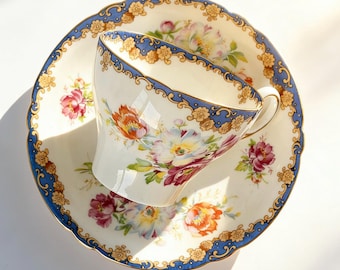 Vintage Shelley Teacup Saucer Blue Gold Border Floral