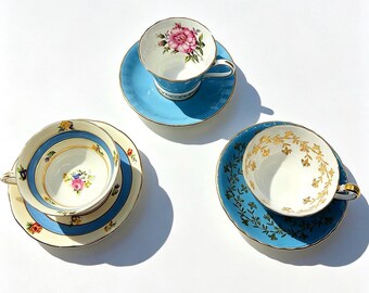 Set of 3 Vintage Powder Blue Tea Cups  Saucers Aynsley, Paragon