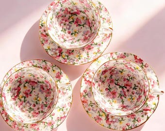 Vintage Royal Standard Teacups and Saucers – Chintz Floral Bone China Set