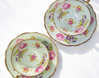 Vintage Foley Teacups and Saucers – Blue, Green Pink Rose Bone China Set