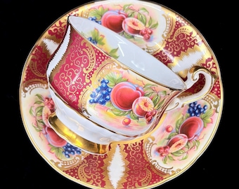 Vintage Paragon Orchard Fruit Teacup Saucer, Heavy Gilt Red Gold Bone China England