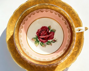 Vintage Paragon Floating Rose Teacup and Saucer Heavy Gold Gilding Royal Warrant