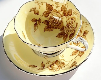 Vintage Paragon Teacup Saucer, Yellow Sepia Rose, Silver Trim, England