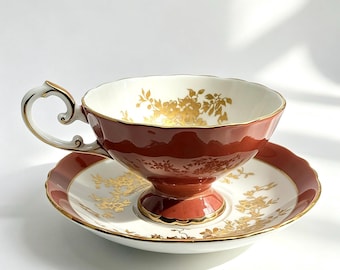Vintage Staffordshire Orange Red Hand Painted Gold  Teacup and Saucer