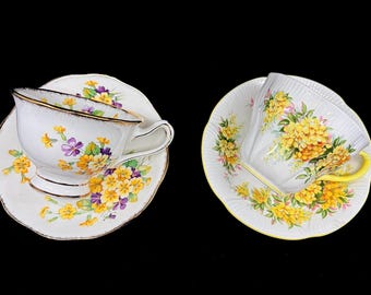 Set of 2 Vintage Royal Albert Yellow Daisy & Blossom Cups and Saucers