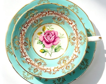 Tazza da tè e piattino vintage Royal Grafton in turchese, oro e rosa.