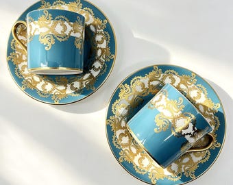 Set of 2 Vintage Aynsley Turquoise Blue Gold Bone China Demitasse Cups and Saucers