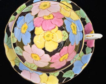 Vintage Tuscan Hand-Painted Teacup and Saucer – Black Ground Floral
