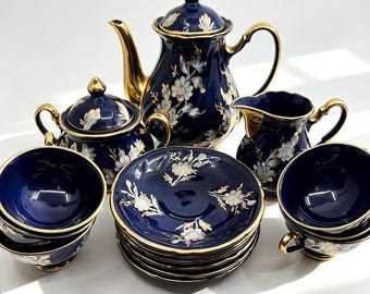 17 Pieces Vintage Italian Hand Painted Coffee Set, Cobalt Blue 22K Gold