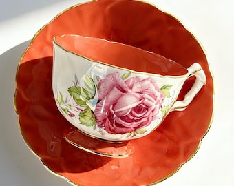 Vintage Aynsley Coral Orange Large Cabbage Rose Teacup and Saucer