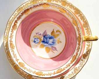 Vintage Aynsley Pink and Gold Bone China Teacup and Saucer