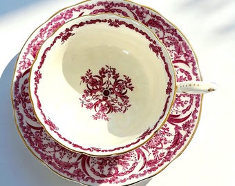 Vintage Coalport Bone China Teacup and Saucer, Deep Pink Floral Scroll Pattern