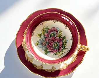 Vintage Foley Bone China Teacup and Saucer, Red Gold Teacup Set