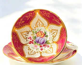 Vintage Paragon Teacup and Saucer, Burgundy and Heavy Gold, Fruit Centre