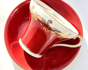 Vintage Aynsley Burgundy Red Gold Corset Shape Teacup and Saucer