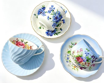 Set of 3 Vintage English Teacups Saucers, Cobalt Blue Floral Bone China