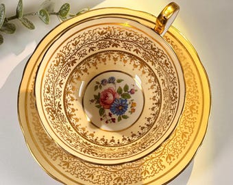 Vintage Aynsley Hampshire Teacup Saucer, Gold Filigree Bone China England 1970s