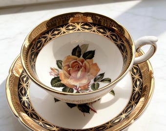 Vintage Royal Grafton Large Yellow Rose Teacup and saucer, Black and Gold Bone China