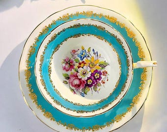 Vintage Aynsley Turquoise Teacup Saucer Gold Hand Painted Flowers