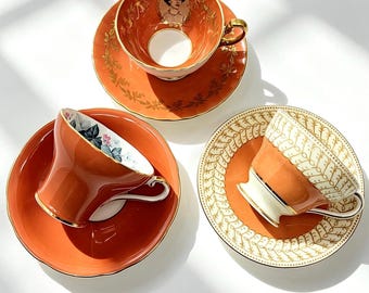 Set of 3 Vintage Orange Tone Bone China Afternoon Tea Set