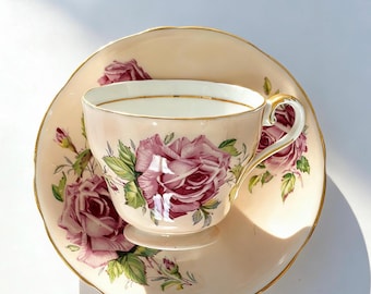 Vintage Aynsley Pink Cabbage Rose Teacup and Saucer