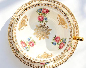 Vintage Royal Grafton Teacup Saucer Set, Pink Rose Floral Bone China