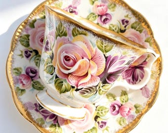 Royal Albert Summer Bounty Bone China Teacup Saucer Pink Roses with Heavy Gold Gilt