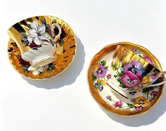 Set of 2 Vintage Queen Anne Bone China Tea Cups Saucers, Gold Floral Collection
