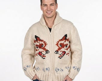 Wolf-Strickjacke : Inspiriert von Mary Maxim Canadian Style Sweater handgestrickter Herren-Pullover aus Wolle mit Reißverschluss
