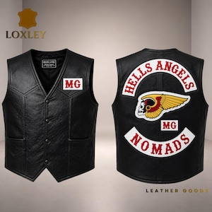 Hells Angels nomads Black Leather Biker Vest | Embroidered Winged Skull, Custom Rocker Patches