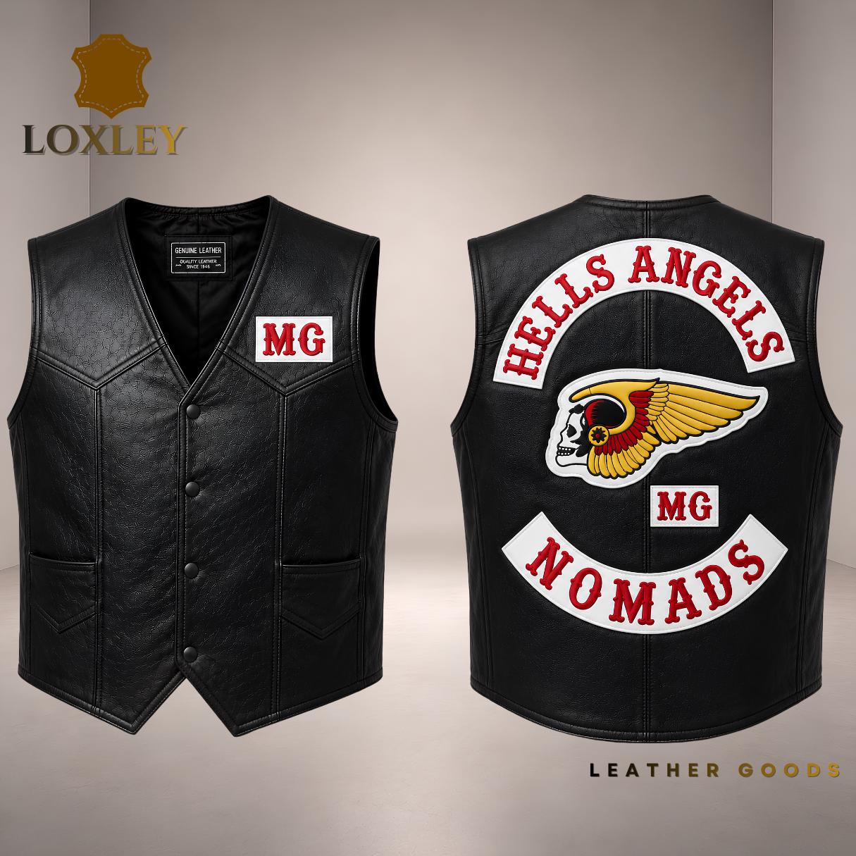 Hells Angels nomads Black Leather Biker Vest Embroidered Winged Skull, Custom Rocker Patches