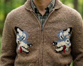 Wolf Cardigan: Inspired Mary Maxim Canadian Style Sweater hand knit wool men's zip sweater