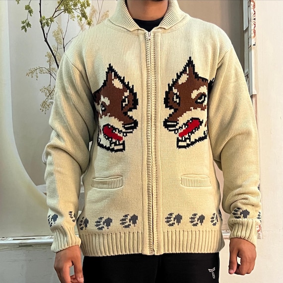 Wolf Cardigan: Inspired Mary Maxim Canadian Style Sweater hand knit wool men's zip sweater