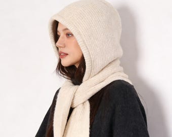 Bufanda de lana hecha a mano, calentador de cuello de punto coreano, bufanda con capucha coreana, calentador de invierno